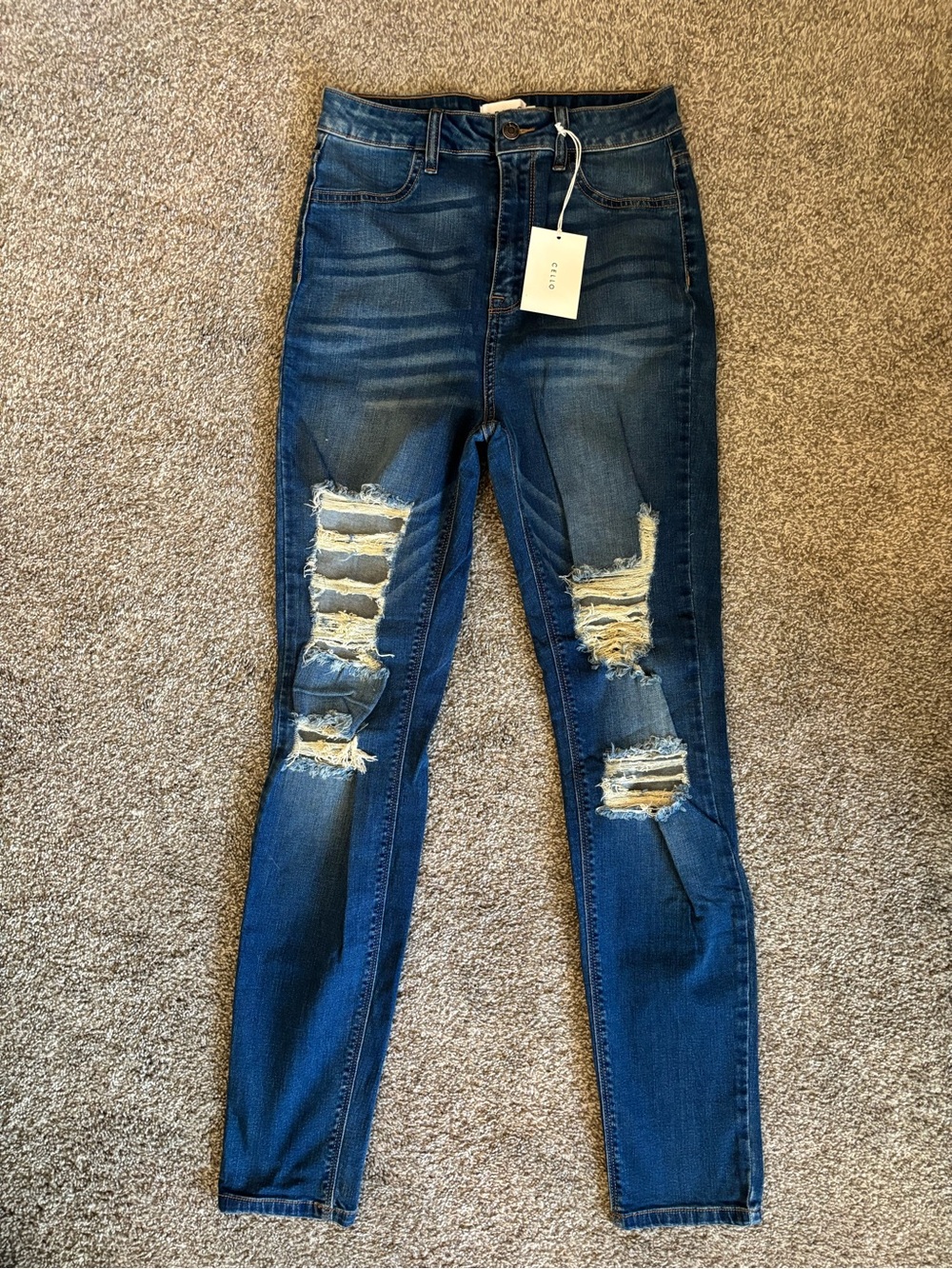 39.  Cello Women’s Distressed Dark Blue High-Rise Skinny Jeans